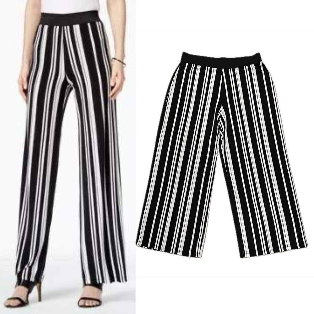 Alfani XL Black & White Striped Palazzos Pant Elastic Waist Wide Leg Flowy